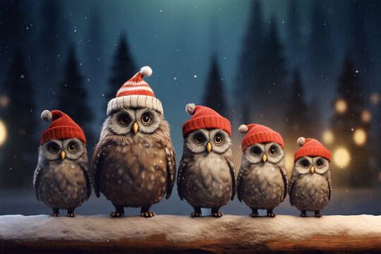 Arrangement of cute owls with a Christmas feel