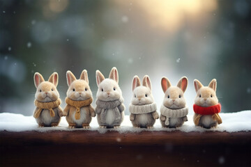 Arrangement of cute bunnies with a Christmas feel - obrazy, fototapety, plakaty