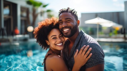 couple smiling by the pool - obrazy, fototapety, plakaty