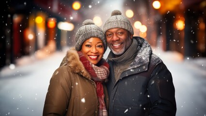 happy couple smiling in the snow