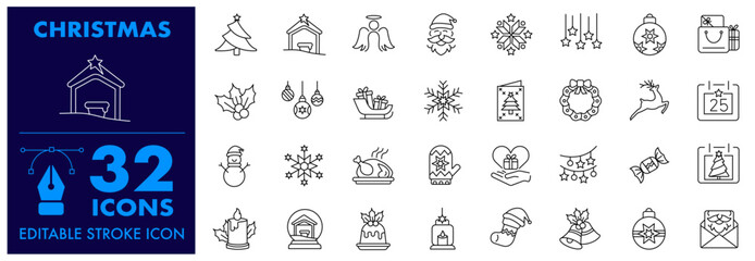 Christmas Editable Stroke Icon also includes, Santa, Angel, Nativity, Snowflakes, Gift, Christmas ball. Set of Xmas thin icon collections, Merry Christmas Vector Icon collections.