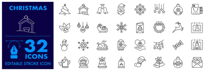 Christmas Editable Stroke Icon also includes, Santa, Angel, Nativity, Snowflakes, Gift, Christmas ball. Set of Xmas thin icon collections, Merry Christmas Vector Icon collections.