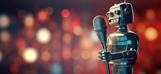 Robot singing songs contest on microphone on stage with spotlight background.