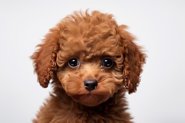 Portrait Photography of a grumpy brown poddle puppy on isolated background Generative Ai