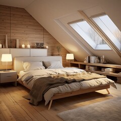 interior design of a modern bedroom in the attic of a mountain chalet