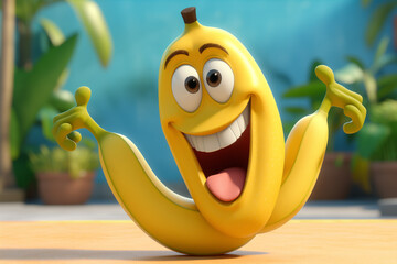 A cheerful animated yellow banana with a smile on its face on the kitchen table.