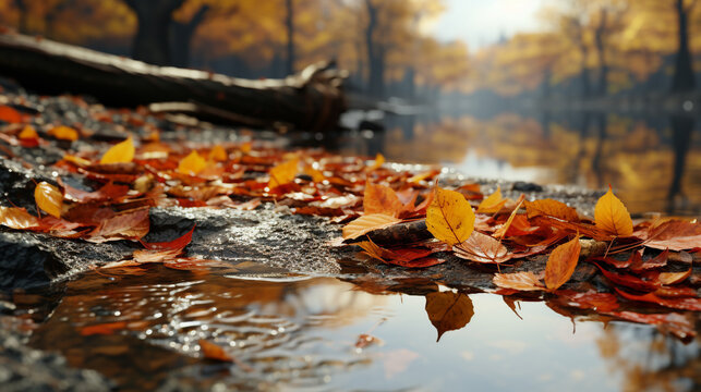 autumn leaves on the water HD 8K wallpaper Stock Photographic Image 