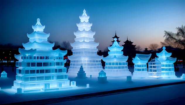 Stunning ice and snow sculpture from the Harbin Ice Festival in China in January, illuminated and with a touch of magic - Powered by Adobe