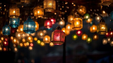 A mesmerizing display of Diwali lights, with a canopy of colorful lanterns hanging overhead, gently swaying in the breeze, creating a magical and festive 