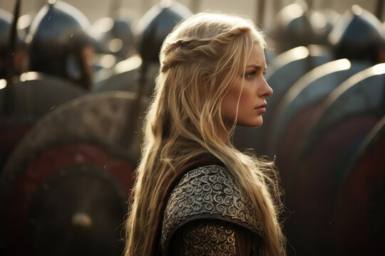 sideview portrait of a viking shieldmaiden/warrior standing infront of an army