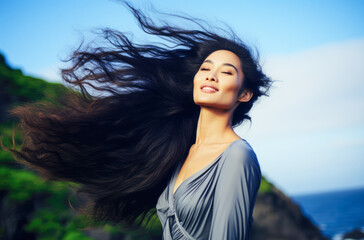 Young woman with eyes closed enjoying her freedom by the sea coast