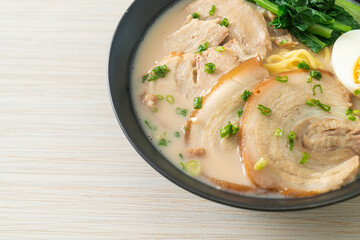 Ramen noodles in pork bone soup with roast pork and egg