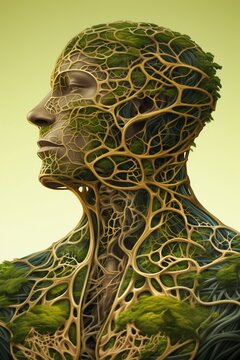 Illustrate the human lymphatic system within the context of a friendly and clean visual, incorporating it seamlessly into the contours of a human posture, generative ai
