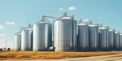  The Beauty of Agricultural Silos and Their Exterior Elegance ,Silver silos on agri  manufacturing plant for processing drying cleaning and storage of agricultural products flour generative AI