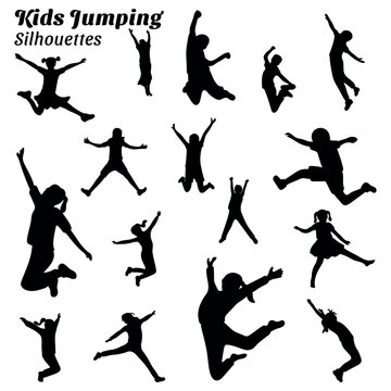 Set of illustrations of kid jumping playing silhouettes
