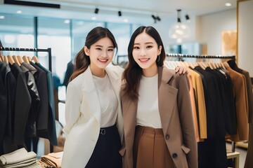 Happy Asian woman in fashion boutique shopping