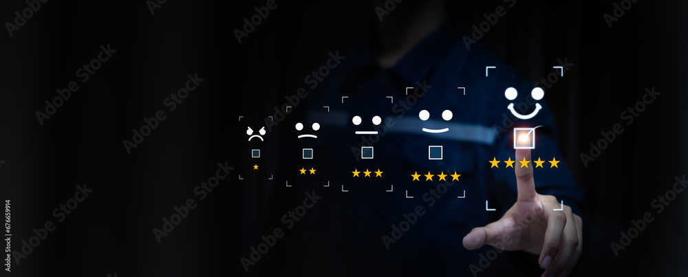Aufkleber hand touch smile face icon for best excellent customer service satisfaction survey feedback for busi