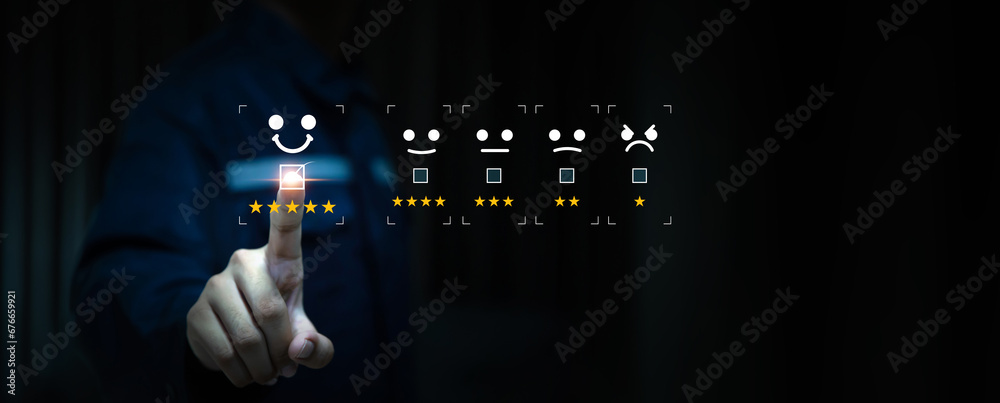 Aufkleber hand touch smile face icon for best excellent customer service satisfaction survey feedback for busi
