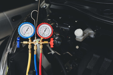 Air refrigerant meter manifold gauge to check car air conditioner system heat problem and fix...