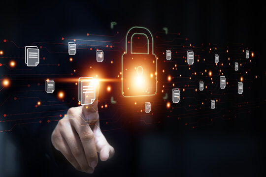 Hand touch cyber security icon for cybercrime attack and threats Internet personal safety information computer network key lock login to privacy website protection or email access identity concepts.