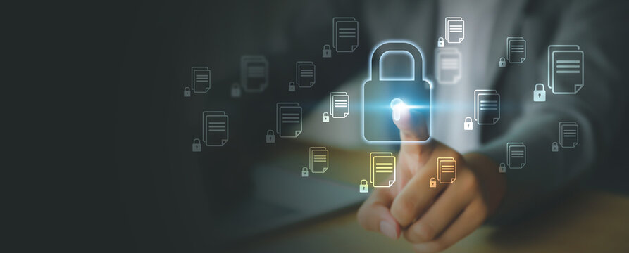 Hand touch cyber security icon for cybercrime attack and threats Internet personal safety information computer network key lock login to privacy website protection or email access identity concepts.
