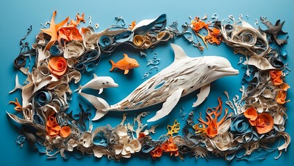 Arte de papel, contaminación del mar, delfines en un mar contaminado, basura en el mar, huella del hombre. Ecologia.