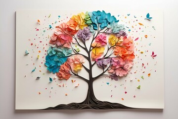 Arte de papel, árbol colorido, creatividad en manualidades, papiroflexia artistica. 