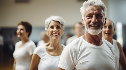 Elderly Individuals Come Together for Indoor Yoga, Embodying the Principles of Active Aging to Boost Their Physical Health and Promote a Holistic Sense of Well-being. Generative AI