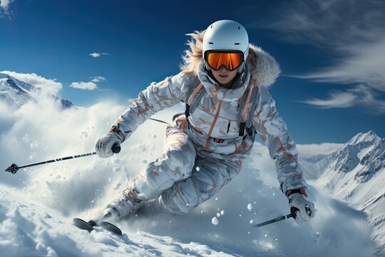 Beautiful female snowboarder on the snowy slope of the winter resort. A woman snowboarder with sports equipment and a ski suit. Against the background of the blue sky and the sun.