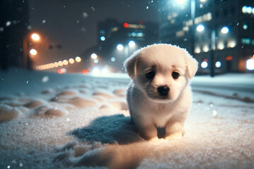 雪の街をさまよう迷子の子犬：AI生成画像