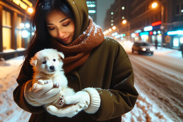 雪の街をさまよう迷子の子犬を助ける女性：AI生成画像 - obrazy, fototapety, plakaty