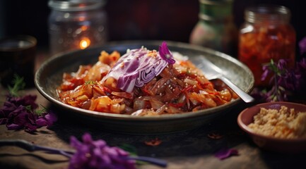 Bowl with traditional korean kimchi fermented cabbage on table. Generative AI