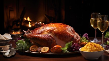 Baked whole turkey for a festive occasion. Generative AI