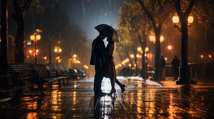 Love in the rain. Silhouette of a couple under an umbrella. Generative AI - obrazy, fototapety, plakaty