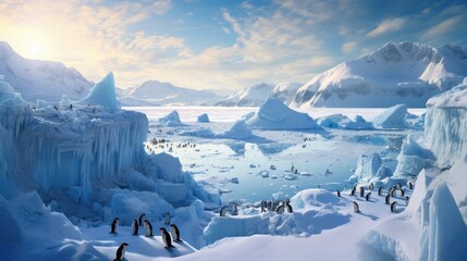 Group of penguins in Antarctica on an iceberg in the ocean. Generative AI - obrazy, fototapety, plakaty