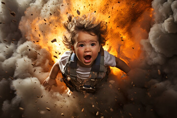 dramatic action shot of baby stuntman performing stunt - obrazy, fototapety, plakaty