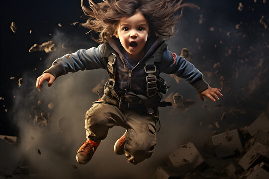dramatic action shot of baby stuntman performing stunt