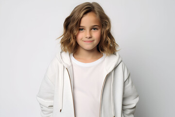 Obraz premium A Captivating Portrait of a Radiant Cute Little Girl in Her White Jacket Hoodie, Overflowing with Delightful Happiness