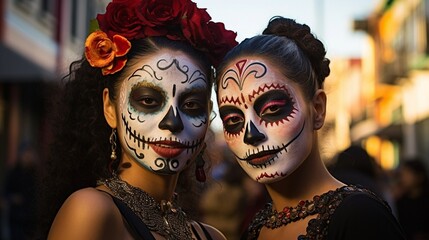 Women with skull makeup, Mexican tradition of celebrating the Day of the Dead, Cultural celebration