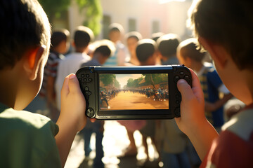 young kids holding digital tablet mobile gaming - obrazy, fototapety, plakaty