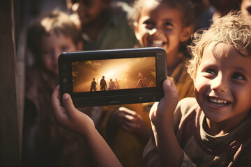 young kids with digital tablet mobile gaming - obrazy, fototapety, plakaty