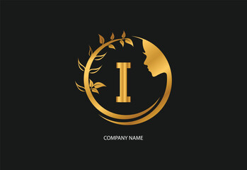 Beauty logo initial letter I with golden style color and leaf. Natural beauty logo template