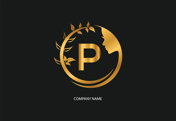 Beauty logo initial letter P with golden style color and leaf. Natural beauty logo template