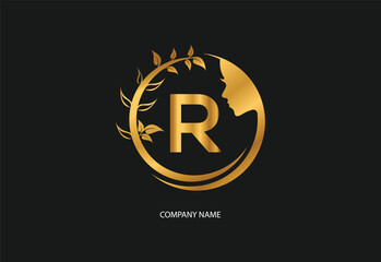 Beauty logo initial letter R with golden style color and leaf. Natural beauty logo template