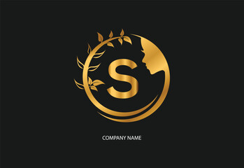 Obraz premium Beauty logo initial letter S with golden style color and leaf. Natural beauty logo template