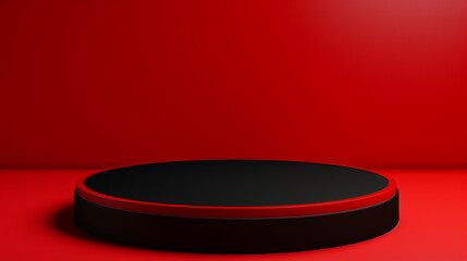 stage with red ribbon, Black round podium on a red background, Ai Generate 