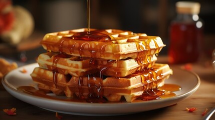 Fototapeta na wymiar Belgian Waffles For Breakfast With Honey. Sweet sugar dessert with maple syrup. Waffle iron concept. Homemade fried breakfast. Serving plate at restaurant. Eating delicious snack. Warm food.