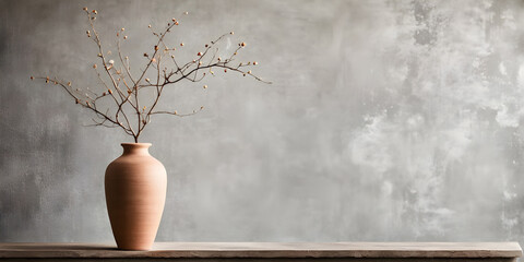 Branch in clay vase against concrete wall with copy space.