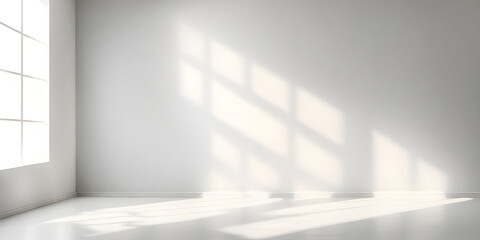 Empty room with white light shadow and floor. Natural shadow overlay on white texture background.
