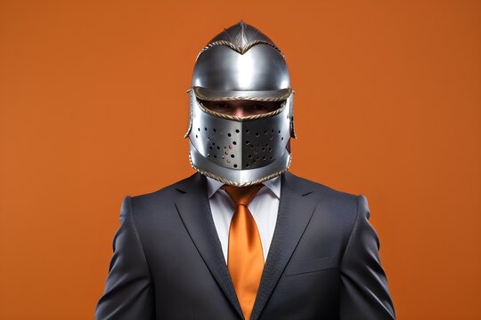 businessman with armour helmet isolated on orange background